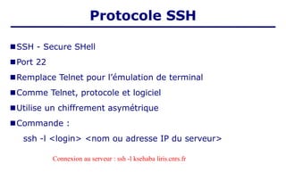 ■SSH - Secure SHell
■Port 22
■Remplace Telnet pour l’émulation de terminal
■Comme Telnet, protocole et logiciel
■Utilise un chiffrement asymétrique
■Commande :
ssh -l <login> <nom ou adresse IP du serveur>
Connexion au serveur : ssh -l ksehaba liris.cnrs.fr
Protocole SSH
 