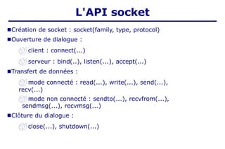 ■Création de socket : socket(family, type, protocol)
■Ouverture de dialogue :
 client : connect(...)
 serveur : bind(..), listen(...), accept(...)
■Transfert de données :
 mode connecté : read(...), write(...), send(...),
recv(...)
 mode non connecté : sendto(...), recvfrom(...),
sendmsg(...), recvmsg(...)
■Clôture du dialogue :
 close(...), shutdown(...)
L'API socket
 