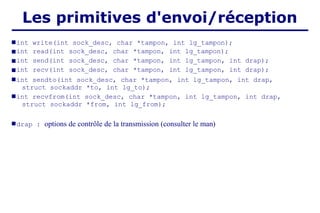 Les primitives d'envoi/réception
■int write(int sock_desc, char *tampon, int lg_tampon);
■int read(int sock_desc, char *tampon, int lg_tampon);
■int send(int sock_desc, char *tampon, int lg_tampon, int drap);
■int recv(int sock_desc, char *tampon, int lg_tampon, int drap);
■int sendto(int sock_desc, char *tampon, int lg_tampon, int drap,
struct sockaddr *to, int lg_to);
■int recvfrom(int sock_desc, char *tampon, int lg_tampon, int drap,
struct sockaddr *from, int lg_from);
■drap : options de contrôle de la transmission (consulter le man)
 
