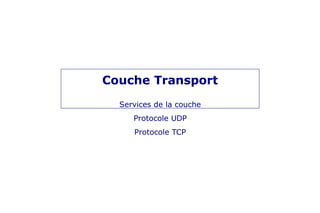 Couche Transport
Services de la couche
Protocole UDP
Protocole TCP
 