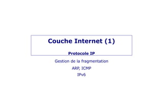 Couche Internet (1)
Protocole IP
Gestion de la fragmentation
ARP, ICMP
IPv6
 
