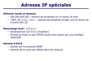 Diffusion locale et distante
– 255.255.255.255 : adresse de broadcast sur le réseau IP local
– <NET_ID><111…111> : adresse de broadcast dirigée vers le réseau de
numéro NET_ID
Rebouclage local : 127.y.x.z
– Généralement 127.0.0.1 (localhost)
– Permet de tester la pile TCP/IP locale sans passer par une interface
matérielle
Adresse 0.0.0.0
– Utilisée par le protocole RARP
– Adresse de la route par défaut dans les routeurs
Adresse IP spéciales
 