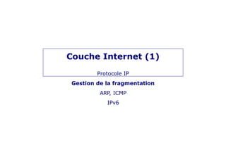 Couche Internet (1)
Protocole IP
Gestion de la fragmentation
ARP, ICMP
IPv6
 