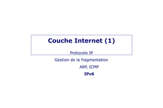 Couche Internet (1)
Protocole IP
Gestion de la fragmentation
ARP, ICMP
IPv6
 