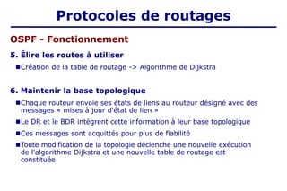 OSPF - Fonctionnement
5. Élire les routes à utiliser
■Création de la table de routage -> Algorithme de Dijkstra
6. Maintenir la base topologique
■Chaque routeur envoie ses états de liens au routeur désigné avec des
messages « mises à jour d'état de lien »
■Le DR et le BDR intègrent cette information à leur base topologique
■Ces messages sont acquittés pour plus de fiabilité
■Toute modification de la topologie déclenche une nouvelle exécution
de l'algorithme Dijkstra et une nouvelle table de routage est
constituée
Protocoles de routages
 