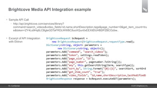 Brightcove Media API Integration example

•    Sample API Call
      – http://api.brightcove.com/services/library?

        command=search_videos&video_fields=id,name,shortDescription,tags&page_number=0&get_item_count=tru
        e&token=ZY4Ls9Hq6LCBgleGDTaFRDLWWBC8uoXQun0xEEXtlDUHBDPZBCOzbw..

•    Excerpt of API Integration
     with Ektron




    19 | Confidential                                                                        © 2013 Brightcove Inc.
 