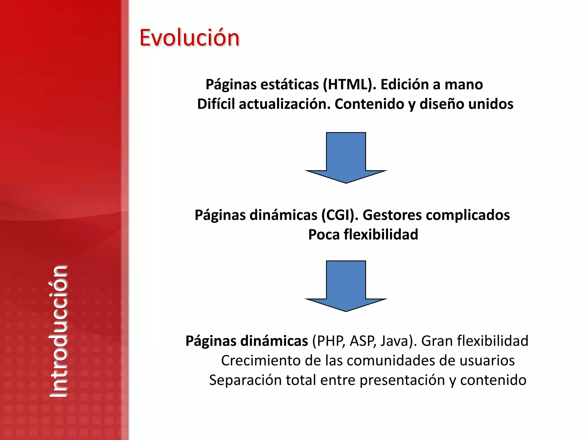 Evolución
                     Páginas estáticas (HTML). Edición a mano
                    Difícil actualización. Contenido y diseño unidos




                    Páginas dinámicas (CGI). Gestores complicados
                                    Poca flexibilidad
Introducción




                   Páginas dinámicas (PHP, ASP, Java). Gran flexibilidad
                        Crecimiento de las comunidades de usuarios
                      Separación total entre presentación y contenido
 