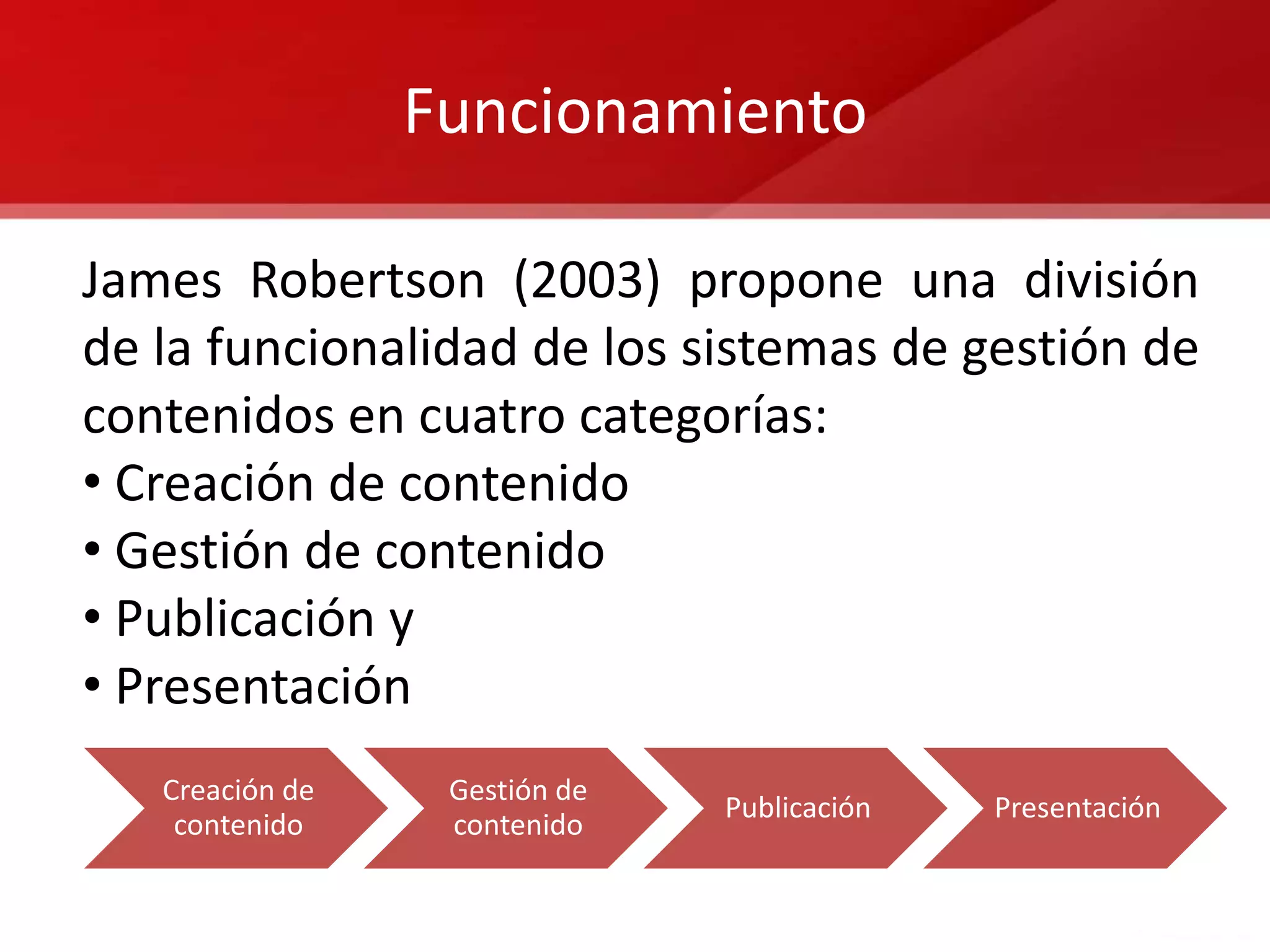 Funcionamiento

James Robertson (2003) propone una división
de la funcionalidad de los sistemas de gestión de
contenidos en cuatro categorías:
• Creación de contenido
• Gestión de contenido
• Publicación y
• Presentación
   Creación de    Gestión de
                               Publicación   Presentación
    contenido     contenido
 
