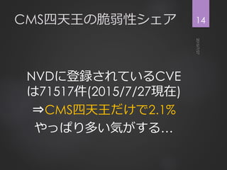 CMS四天王の脆弱性シェア
NVDに登録されているCVE
は71517件(2015/7/27現在)
⇒CMS四天王だけで2.1%
やっぱり多い気がする…
14
 