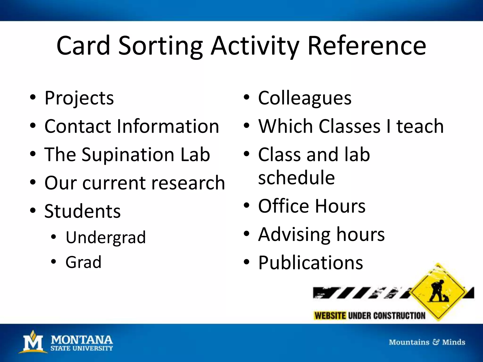 Card Sorting Activity Reference
• Projects
• Contact Information
• The Supination Lab
• Our current research
• Students
• Undergrad
• Grad
• Colleagues
• Which Classes I teach
• Class and lab
schedule
• Office Hours
• Advising hours
• Publications
 
