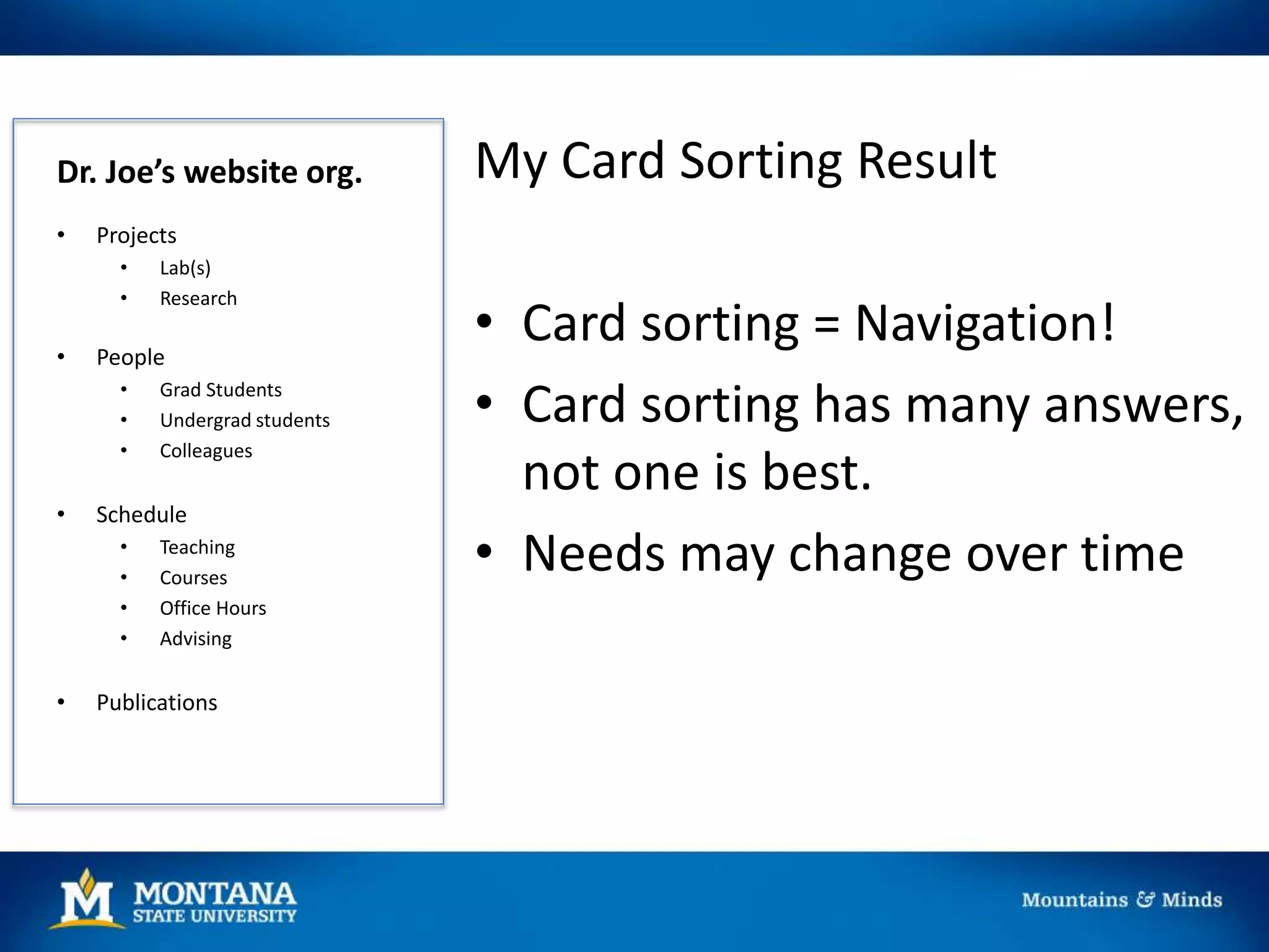 Dr. Joe’s website org. My Card Sorting Result
• Card sorting = Navigation!
• Card sorting has many answers,
not one is best.
• Needs may change over time
• Projects
• Lab(s)
• Research
• People
• Grad Students
• Undergrad students
• Colleagues
• Schedule
• Teaching
• Courses
• Office Hours
• Advising
• Publications
 