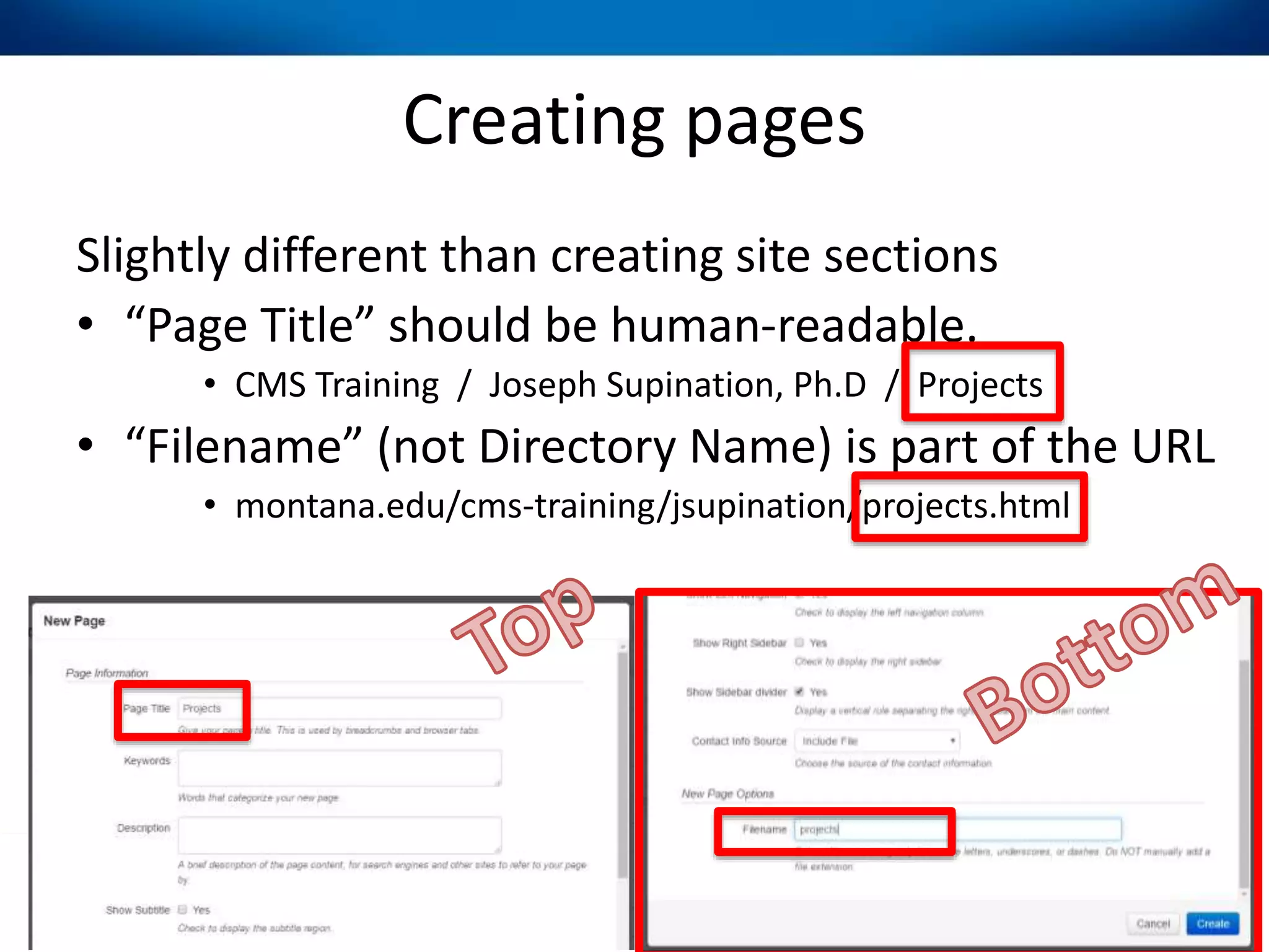 Creating pages
Slightly different than creating site sections
• “Page Title” should be human-readable.
• CMS Training / Joseph Supination, Ph.D / Projects
• “Filename” (not Directory Name) is part of the URL
• montana.edu/cms-training/jsupination/projects.html
 