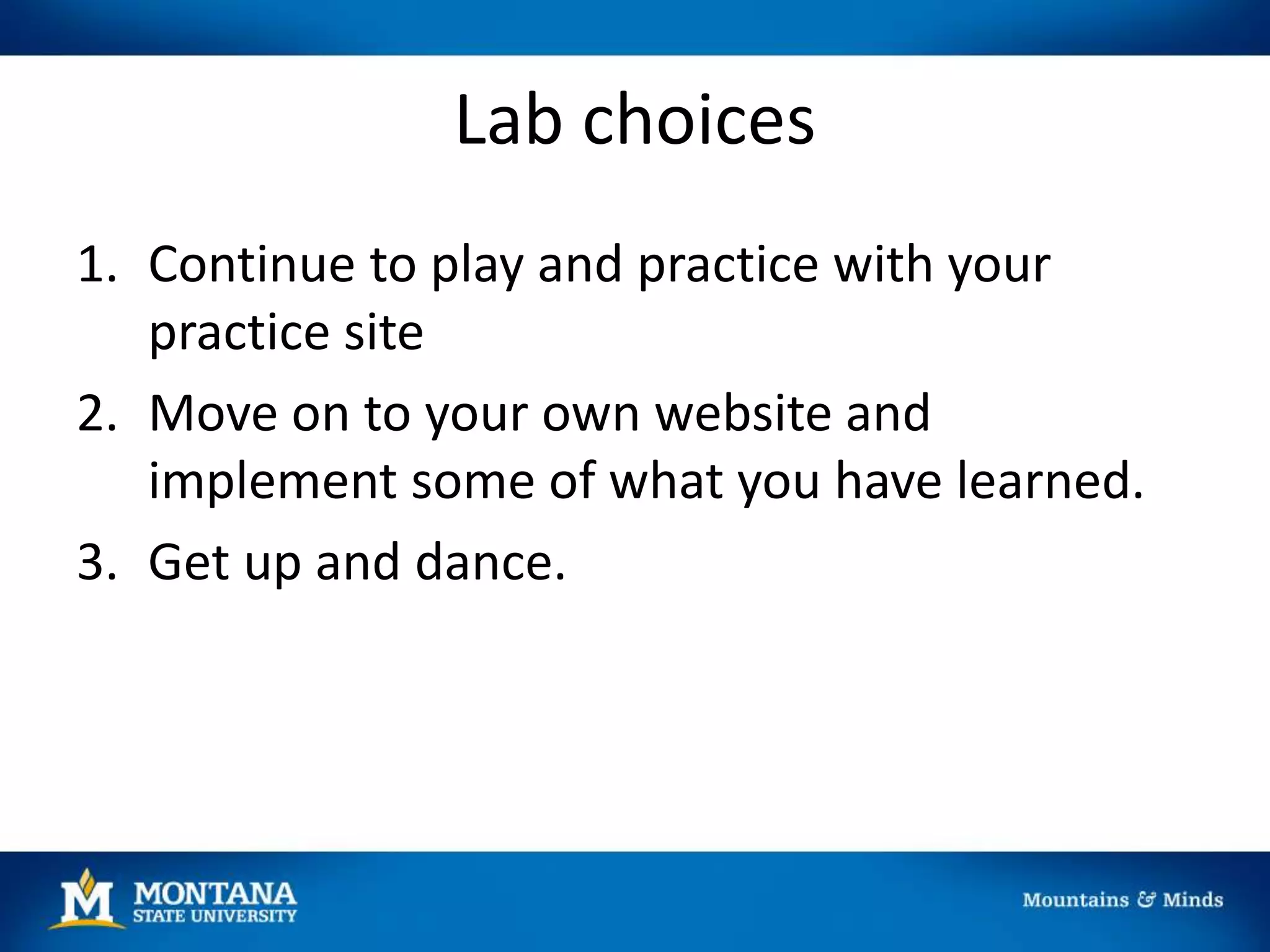 Lab choices
1. Continue to play and practice with your
practice site
2. Move on to your own website and
implement some of what you have learned.
3. Get up and dance.
 