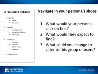 A Professor’s webpage
1. What would your persona
click on first?
2. What would they expect to
find?
3. What could you change to
cater to this group of users?
• Projects
• Lab(s)
• Research
• People
• Grad Students
• Undergrad students
• Colleagues
• Schedule
• Teaching
• Courses
• Office Hours
• Advising
• Publications
Navigate in your persona’s shoes
 