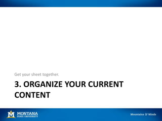 3. ORGANIZE YOUR CURRENT
CONTENT
Get your sheet together.
 