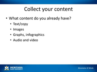 Collect your content
• What content do you already have?
• Text/copy
• Images
• Graphs, infographics
• Audio and video
 