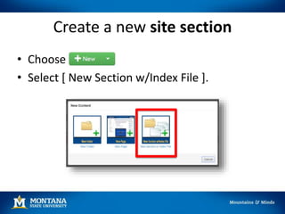 Create a new site section
• Choose
• Select [ New Section w/Index File ].
 