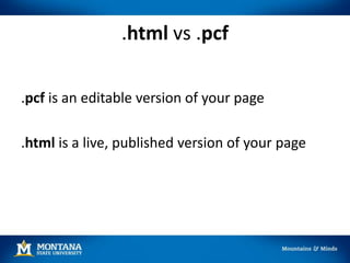 .html vs .pcf
.pcf is an editable version of your page
.html is a live, published version of your page
 