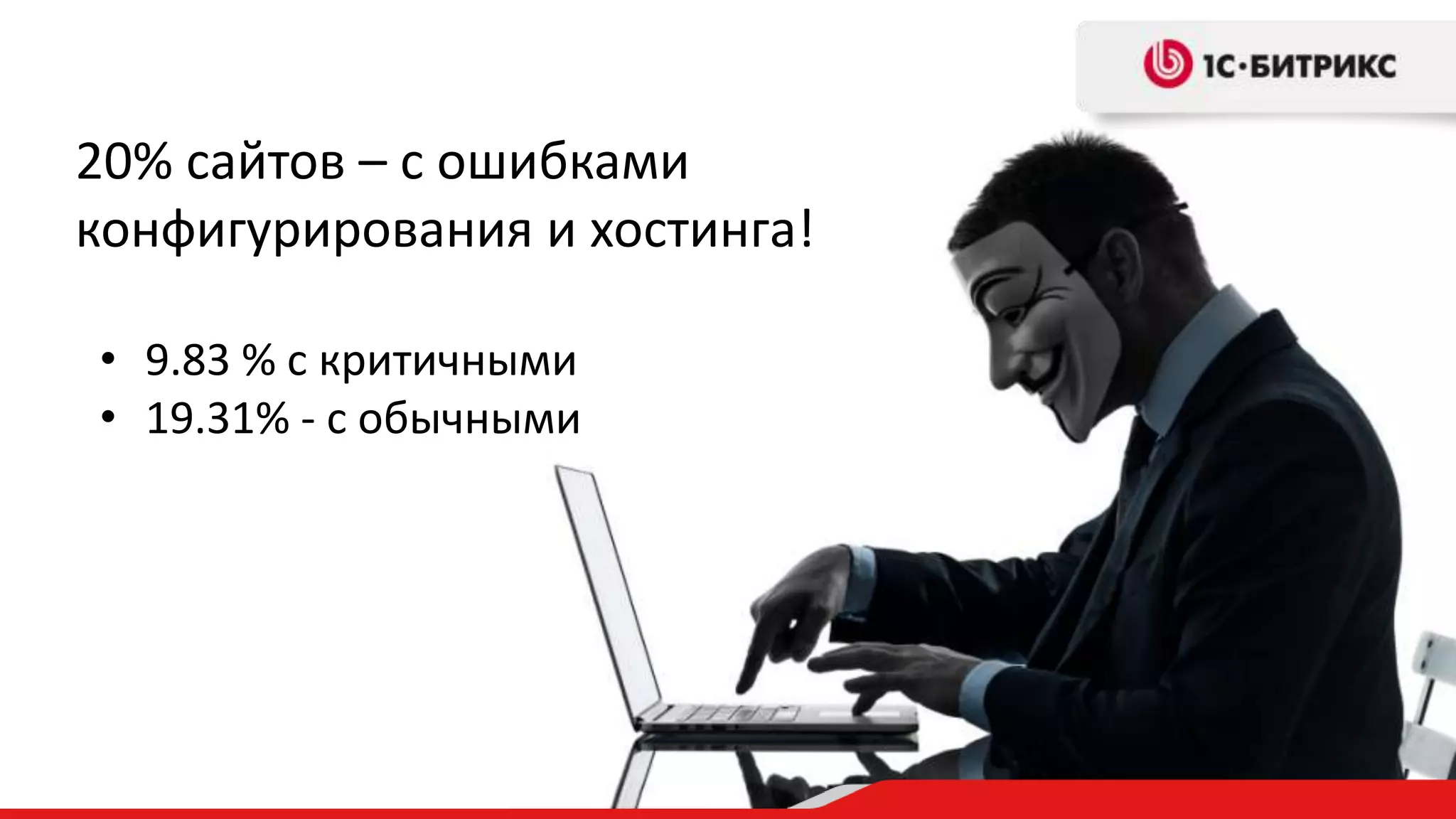 20% сайтов – с ошибками
конфигурирования и хостинга!

• 9.83 % с критичными
• 19.31% - с обычными
 