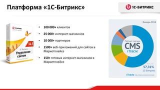Платформа «1С-Битрикс»
• 100 000+ клиентов
• 25 000+ интернет-магазинов
• 10 000+ партнеров
• 1500+ веб-приложений для сайтов в
Маркетплейсе
• 150+ готовых интернет-магазинов в
Маркетплейсе
57,31%
1С-Битрикс
Январь 2014
 