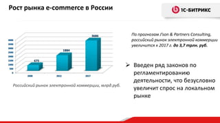 По прогнозам J’son & Partners Consulting,
российский рынок электронной коммерции
увеличится к 2017 г. до 3,7 трлн. руб.
Российский рынок электронной коммерции, млрд.руб.
Рост рынка e-commerce в России
 Введен ряд законов по
регламентированию
деятельности, что безусловно
увеличит спрос на локальном
рынке
 