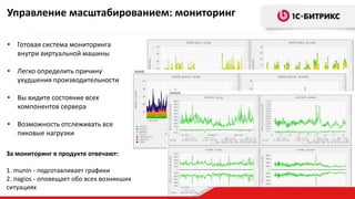 Управление масштабированием: мониторинг
• Готовая система мониторинга
внутри виртуальной машины
• Легко определить причину
ухудшения производительности
• Вы видите состояние всех
компонентов сервера
• Возможность отслеживать все
пиковые нагрузки
За мониторинг в продукте отвечают:
1. munin - подготавливает графики
2. nagios - оповещает обо всех возникших
ситуациях
 