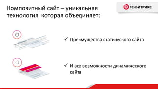 Композитный сайт – уникальная
технология, которая объединяет:
 Преимущества статического сайта
 И все возможности динамического
сайта
 