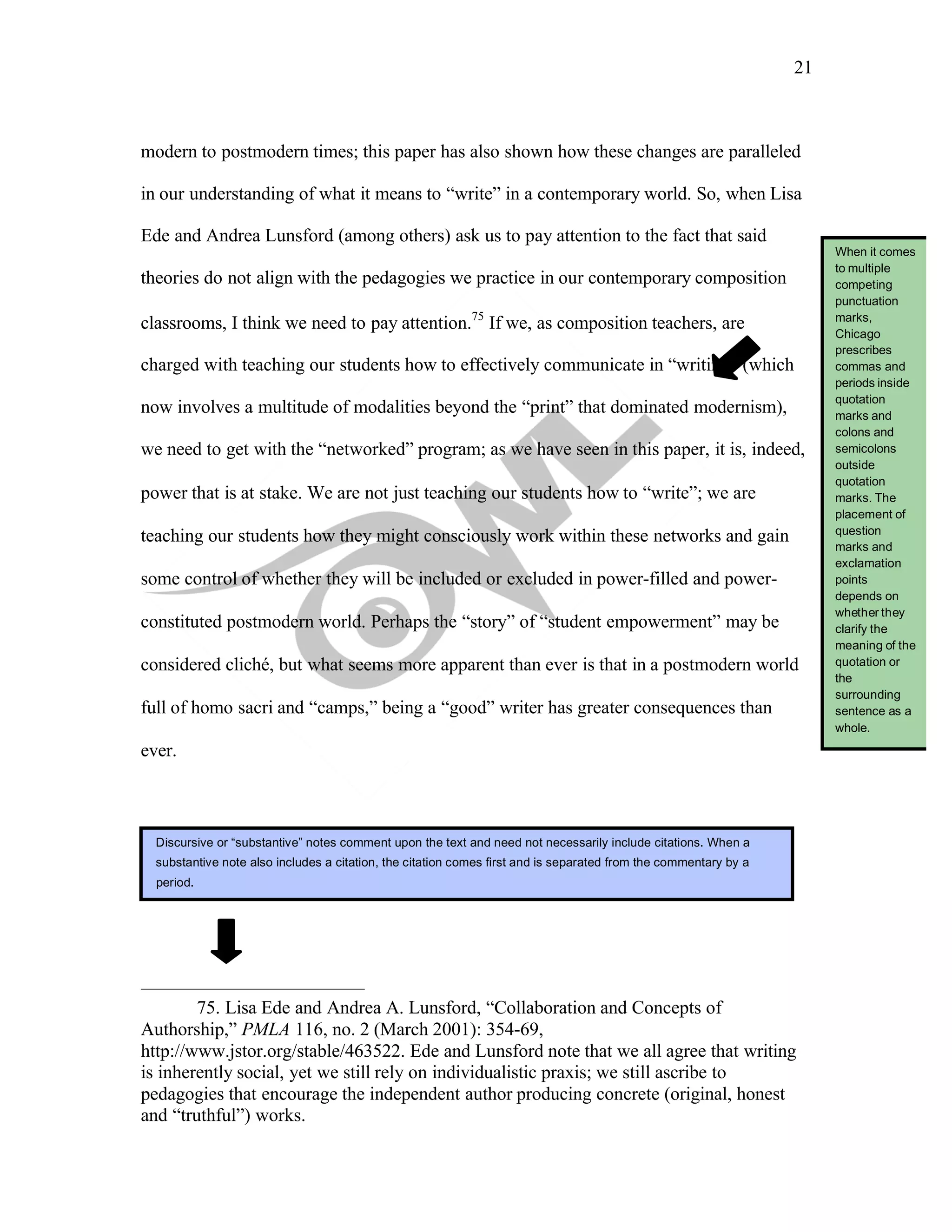 21
	
modern to postmodern times; this paper has also shown how these changes are paralleled
in our understanding of what it means to “write” in a contemporary world. So, when Lisa
Ede and Andrea Lunsford (among others) ask us to pay attention to the fact that said
theories do not align with the pedagogies we practice in our contemporary composition
classrooms, I think we need to pay attention.75
If we, as composition teachers, are
charged with teaching our students how to effectively communicate in “writing” (which
now involves a multitude of modalities beyond the “print” that dominated modernism),
we need to get with the “networked” program; as we have seen in this paper, it is, indeed,
power that is at stake. We are not just teaching our students how to “write”; we are
teaching our students how they might consciously work within these networks and gain
some control of whether they will be included or excluded in power-filled and power-
constituted postmodern world. Perhaps the “story” of “student empowerment” may be
considered cliché, but what seems more apparent than ever is that in a postmodern world
full of homo sacri and “camps,” being a “good” writer has greater consequences than
ever.
75. Lisa Ede and Andrea A. Lunsford, “Collaboration and Concepts of
Authorship,” PMLA 116, no. 2 (March 2001): 354-69,
http://www.jstor.org/stable/463522. Ede and Lunsford note that we all agree that writing
is inherently social, yet we still rely on individualistic praxis; we still ascribe to
pedagogies that encourage the independent author producing concrete (original, honest
and “truthful”) works.
Discursive or “substantive” notes comment upon the text and need not necessarily include citations. When a
substantive note also includes a citation, the citation comes first and is separated from the commentary by a
period.
When it comes
to multiple
competing
punctuation
marks,
Chicago
prescribes
commas and
periods inside
quotation
marks and
colons and
semicolons
outside
quotation
marks. The
placement of
question
marks and
exclamation
points
depends on
whether they
clarify the
meaning of the
quotation or
the
surrounding
sentence as a
whole.
 
