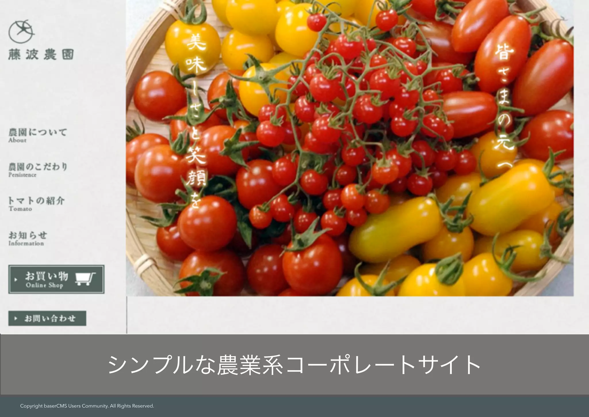 Copyright baserCMS Users Community. All Rights Reserved.
シンプルな農業系コーポレートサイト
 