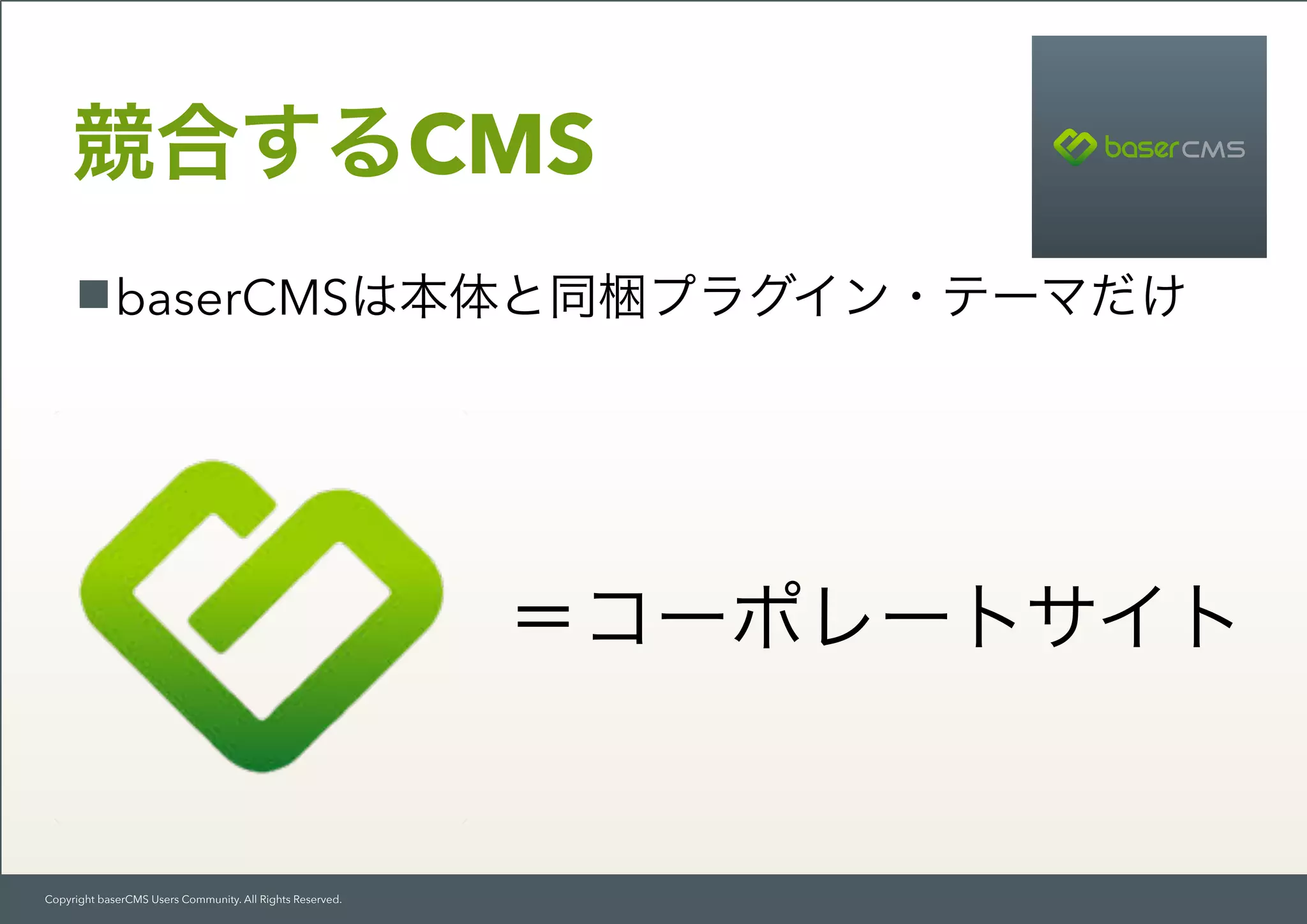 Copyright baserCMS Users Community. All Rights Reserved.
baserCMSは本体と同梱プラグイン・テーマだけ
競合するCMS
＝コーポレートサイト
 