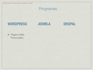 Construcción de sitios web a medida con CMS



                                              Programas


       WORDPRESS                              JOOMLA      DRUPAL

           Página Web
           Personales
 