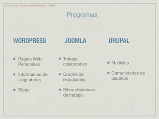 Construcción de sitios web a medida con CMS



                                               Programas


       WORDPRESS                              JOOMLA             DRUPAL

           Página Web                         Trabajo
           Personales                         colaborativo       Multisitio

           Información de                     Grupos de          Comunidades de
           asignaturas                        estudiantes        usuarios

           Blogs                              Sitios dinámicos
                                              de trabajo
 