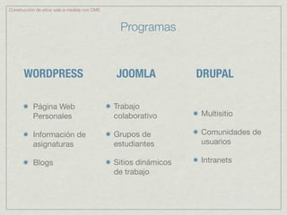 Construcción de sitios web a medida con CMS



                                               Programas


       WORDPRESS                              JOOMLA             DRUPAL

           Página Web                         Trabajo
           Personales                         colaborativo       Multisitio

           Información de                     Grupos de          Comunidades de
           asignaturas                        estudiantes        usuarios

           Blogs                              Sitios dinámicos   Intranets
                                              de trabajo
 