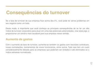 12
Consequências do turnover
Se a taxa de turnover de sua empresa ficar acima dos 5%, você pode ter sérios problemas em
seu negócio como um todo.
Deste modo, é importante que você conheça as principais consequências de se ter um alto
índice de turnover corporativo para atuar em cima das potenciais adversidades, virar esse jogo, e
proporcionar um cenário mais saudável para sua empresa nesse sentido.
Aumento de gastos
Com o aumento da taxa de turnover, aumenta-se também os gastos com rescisões contratuais,
novas contratações, treinamentos de novos funcionários, entre outros. Tudo isso tem um custo
consideravelmente elevado para as empresas que poderiam ser evitados e até eliminados se o
índice estivesse normalizado.
 