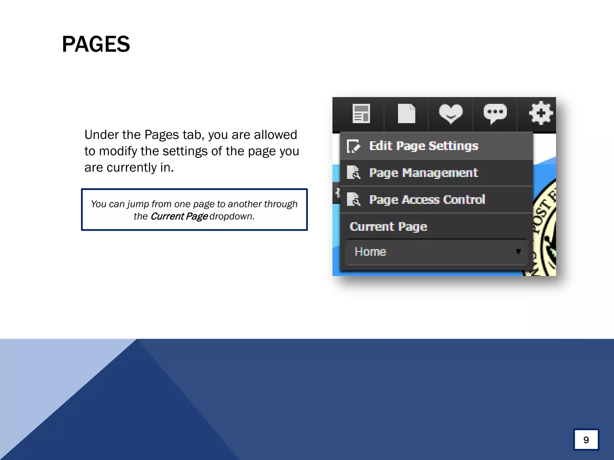PAGES
Under the Pages tab, you are allowed
to modify the settings of the page you
are currently in.
You can jump from one page to another through
the Current Page dropdown.
9
 