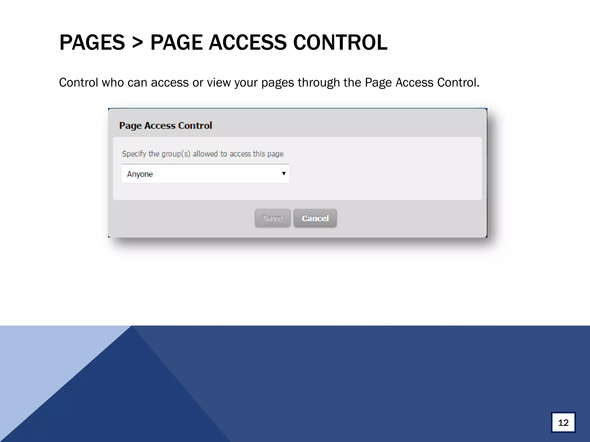 PAGES > PAGE ACCESS CONTROL
Control who can access or view your pages through the Page Access Control.
12
 
