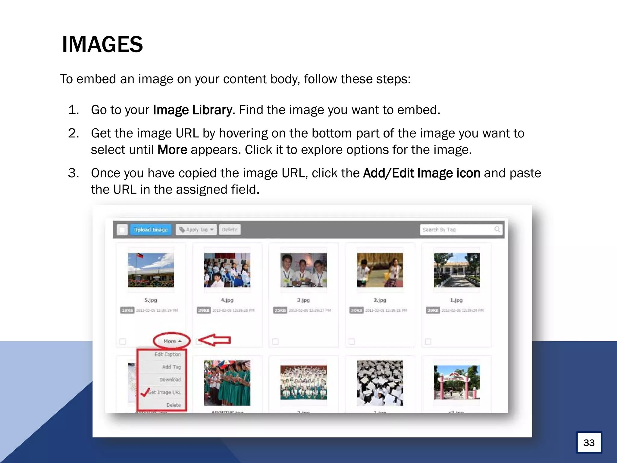 IMAGES
To embed an image on your content body, follow these steps:
1. Go to your Image Library. Find the image you want to embed.
2. Get the image URL by hovering on the bottom part of the image you want to
select until More appears. Click it to explore options for the image.
3. Once you have copied the image URL, click the Add/Edit Image icon and paste
the URL in the assigned field.
33
 