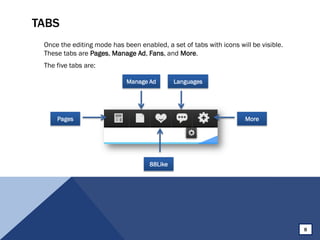 TABS
Once the editing mode has been enabled, a set of tabs with icons will be visible.
These tabs are Pages, Manage Ad, Fans, and More.
The five tabs are:
Pages More
88Like
Manage Ad Languages
8
 