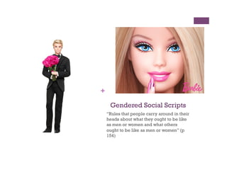 +
Gendered Social Scripts
“Rules that people carry around in their
heads about what they ought to be like
as men or women and what others
ought to be like as men or women” (p
154)
 
