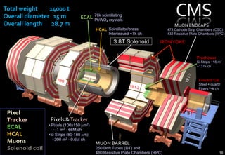 Total	
  weight	
  	
  	
  	
  	
  	
  	
  	
  	
  14000	
  t	
  
Overall	
  diameter	
  	
  	
  15	
  m	
                            ECAL         	

                                                                                  76k scintillating
                                                                                  PbWO4 crystals
                                                                                                                                CMS	
  
Overall	
  length	
  	
  	
  	
  	
  	
  	
  28.7	
  m	
                                                                        MUON	
  ENDCAPS	

                                                                                            	

                                                                                       HCAL Scintillator/brass
                                                                                            Interleaved ~7k ch
                                                                                                                            473 Cathode Strip Chambers (CSC)
                                                                                                                            432 Resistive Plate Chambers (RPC)

                                                                                                  3.8T Solenoid        IRON	
  YOKE	
  


                                                                                                                                             Preshower
                                                                                                                                             Si Strips ~16 m2
                                                                                                                                             ~137k ch


                                                   YBO                                                                                        Foward Cal
                                                                                                        YB1-                                  Steel + quartz
                                                                                                            2                                 Fibers 2~k ch




                                             Pixels	
  &	
  Tracker        	

                                           •  Pixels (100x150       µm2)
                                                                    "
                                               ~1m   2 ~66M ch"

                                           • Si Strips (80-180 µm)"
                                              ~200 m2 ~9.6M ch       	

                                                                                       MUON	
  BARREL	

                                                                                       250 Drift Tubes (DT) and
                                                                                       480 Resistive Plate Chambers (RPC)                                  16
 