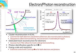 Electron/Photon	
  reconstruction	
  
J. Incandela for the CMS COLLABORATION




                                                                                                                                                              Electrons	
  	
  
                                                                                                                                                              ECAL	
  Barrel	
  (EB)	
  
July 4th 2012 The Status of the Higgs Search




                                               §  Cluster	
  reconstruction	
  in	
  ECAL	
  	
  
                                                  §  Common	
  for	
  both	
  electrons	
  and	
  photons	
  (Electrons	
  also	
  reconstructed	
  as	
  photons)	
  
                                                  §  Designed	
  to	
  collect	
  bremsstrahlung	
  	
  and	
  conversions	
  in	
  extended	
  phi	
  region	
  
                                               §  Dedicated	
  track	
  reconstruction	
  for	
  electrons	
  
                                                  §  Gaussian	
  Sum	
  Filter	
  allows	
  for	
  tracks	
  w/large	
  bremsstrahlung	
  	
  
                                               §  Photon	
  identiﬁcation	
  speciﬁc	
  to	
  Hèϒϒ	
  
                                               §  Energy	
  scale	
  and	
  resolution	
  
                                                  §  Extensive	
  control	
  with	
  Z	
  and	
  J/ψèee	
  for	
  both	
  electrons	
  and	
  photons	
  
                                                                                                                                                                                           23
 