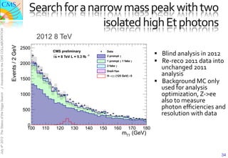 Search	
  for	
  a	
  narrow	
  mass	
  peak	
  with	
  two	
  
                                                                        isolated	
  high	
  Et	
  photons	
  	
  
J. Incandela for the CMS COLLABORATION




                                                 2012 8 TeV

                                                                                         §  Blind	
  analysis	
  in	
  2012	
  
                                                                                         §  Re-­‐reco	
  2011	
  data	
  into	
  
                                                                                             unchanged	
  2011	
  
                                                                                             analysis	
  
                                                                                         §  Background	
  MC	
  only	
  
                                                                                             used	
  for	
  analysis	
  
                                                                                             optimization,	
  Z-­‐>ee	
  
July 4th 2012 The Status of the Higgs Search




                                                                                             also	
  to	
  measure	
  	
  
                                                                                             photon	
  eﬃciencies	
  and	
  
                                                                                             resolution	
  with	
  data	
  




                                                                                                                               34
 