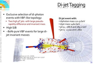 Di-­‐jet	
  Tagging	
  
J. Incandela for the CMS COLLABORATION




                                               §  Exclusive	
  selection	
  of	
  di-­‐photon	
  
                                                  events	
  with	
  VBF-­‐like	
  topology:	
                        Di-­‐jet	
  event	
  with:	
  	
  
                                                  §  Two	
  high	
  pT	
  jets	
  	
  with	
  large	
  pseudo-­‐    • 	
  diphoton	
  mass	
  121.9	
  GeV	
  
                                                      rapidity	
  diﬀerence	
  and	
  invariant	
  mass	
            • 	
  dijet	
  mass	
  1460	
  GeV	
  
                                               §  High	
  S/B	
                                                     • 	
  jet	
  pT:	
  288.8	
  and	
  189.1	
  GeV	
  	
  
                                                                                                                     • 	
  jet	
  η:	
  -­‐2.022	
  and	
  1.860	
  
                                               §  ~80%-­‐pure	
  VBF	
  events	
  for	
  large	
  di-­‐
                                                  jet	
  invariant	
  masses	
  
July 4th 2012 The Status of the Higgs Search




                                                                                                                                                                                39
 