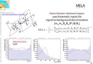 MELA	
  
J. Incandela for the CMS COLLABORATION




                                               PRD81,075022(2010)	
  
                                               http://arXiv.org/abs/arXiv:1001.5300	
        Matrix	
  Element	
  Likelihood	
  Analysis:	
  
                                               	
  
                                                                                               uses	
  kinematic	
  inputs	
  for	
  	
  
                                                                                          signal	
  to	
  background	
  discrimination	
  
                                                                                                     {m1,m2,θ1,θ2,θ*,Φ,Φ1}	
  
July 4th 2012 The Status of the Higgs Search




                                                                  SM H(125 GeV)
                                                                  qqZZ




                                                                                                                                                52
 