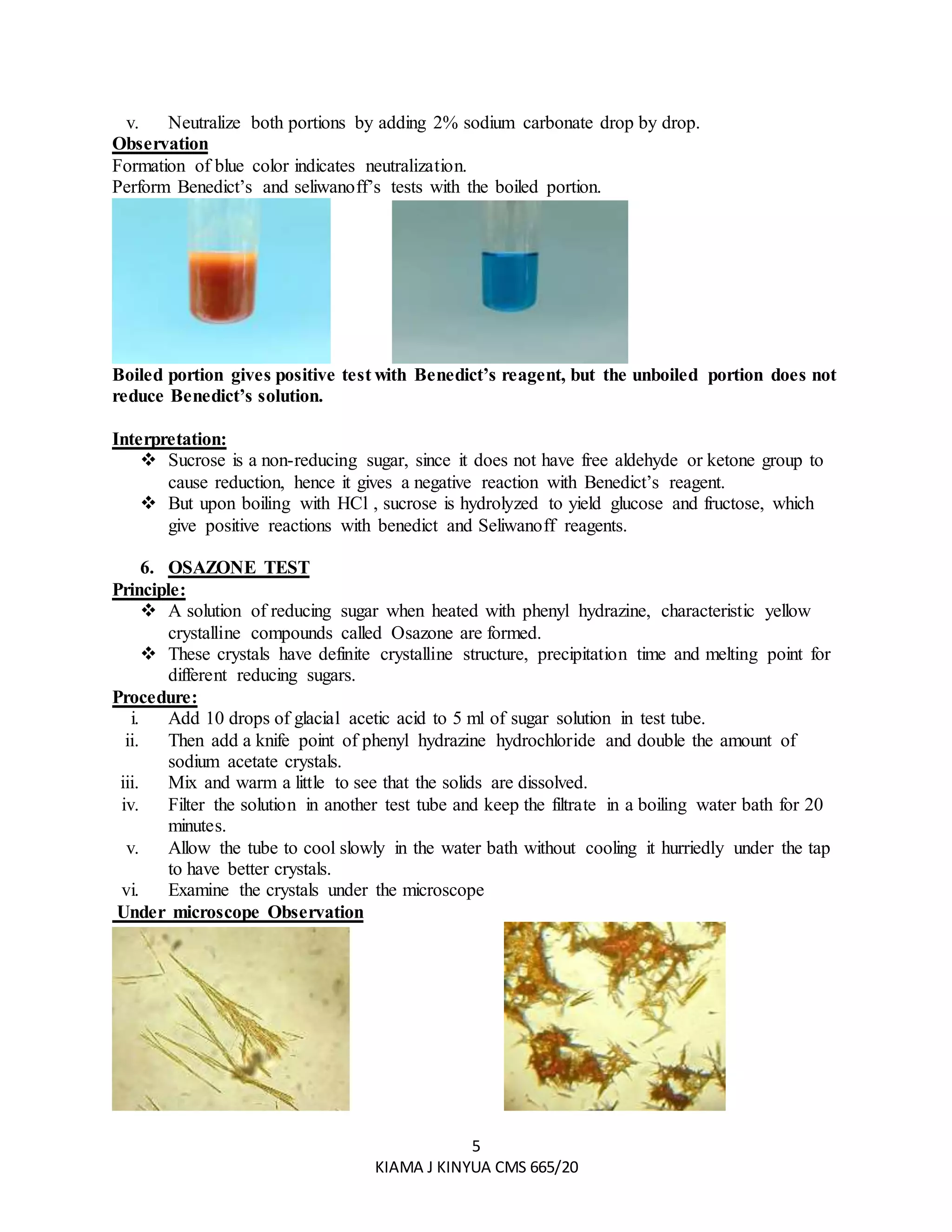 5
KIAMA J KINYUA CMS 665/20
v. Neutralize both portions by adding 2% sodium carbonate drop by drop.
Observation
Formation of blue color indicates neutralization.
Perform Benedict’s and seliwanoff’s tests with the boiled portion.
Boiled portion gives positive test with Benedict’s reagent, but the unboiled portion does not
reduce Benedict’s solution.
Interpretation:
 Sucrose is a non-reducing sugar, since it does not have free aldehyde or ketone group to
cause reduction, hence it gives a negative reaction with Benedict’s reagent.
 But upon boiling with HCl , sucrose is hydrolyzed to yield glucose and fructose, which
give positive reactions with benedict and Seliwanoff reagents.
6. OSAZONE TEST
Principle:
 A solution of reducing sugar when heated with phenyl hydrazine, characteristic yellow
crystalline compounds called Osazone are formed.
 These crystals have definite crystalline structure, precipitation time and melting point for
different reducing sugars.
Procedure:
i. Add 10 drops of glacial acetic acid to 5 ml of sugar solution in test tube.
ii. Then add a knife point of phenyl hydrazine hydrochloride and double the amount of
sodium acetate crystals.
iii. Mix and warm a little to see that the solids are dissolved.
iv. Filter the solution in another test tube and keep the filtrate in a boiling water bath for 20
minutes.
v. Allow the tube to cool slowly in the water bath without cooling it hurriedly under the tap
to have better crystals.
vi. Examine the crystals under the microscope
Under microscope Observation
 