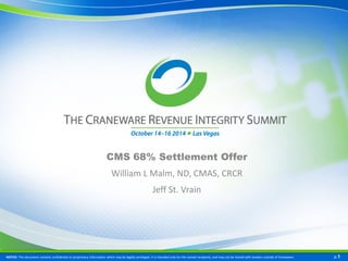NOTICE: This document contains confidential or proprietary information which may be legally privileged. It is intended only for the named recipients, and may not be shared with vendors outside of Craneware. p.1 
CMS 68% Settlement Offer 
William L Malm, ND, CMAS, CRCR 
Jeff St. Vrain  