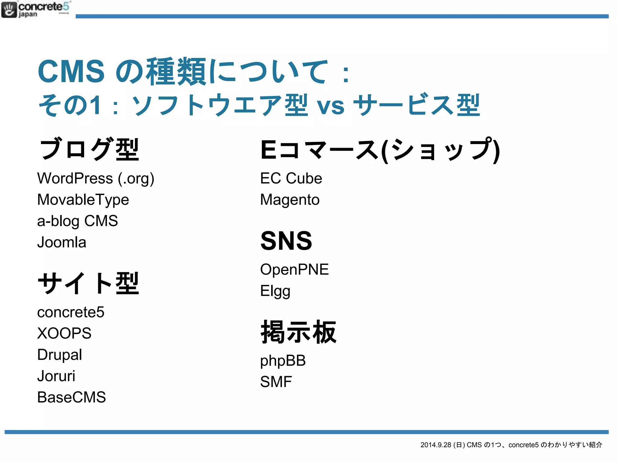 CMS の種類について： 
その1：ソフトウエア型vs サービス型 
2014.9.28 (日) CMS の1つ、concrete5 のわかりやすい紹介 
サービス型とは 
会社がサービスとして提供している 
 