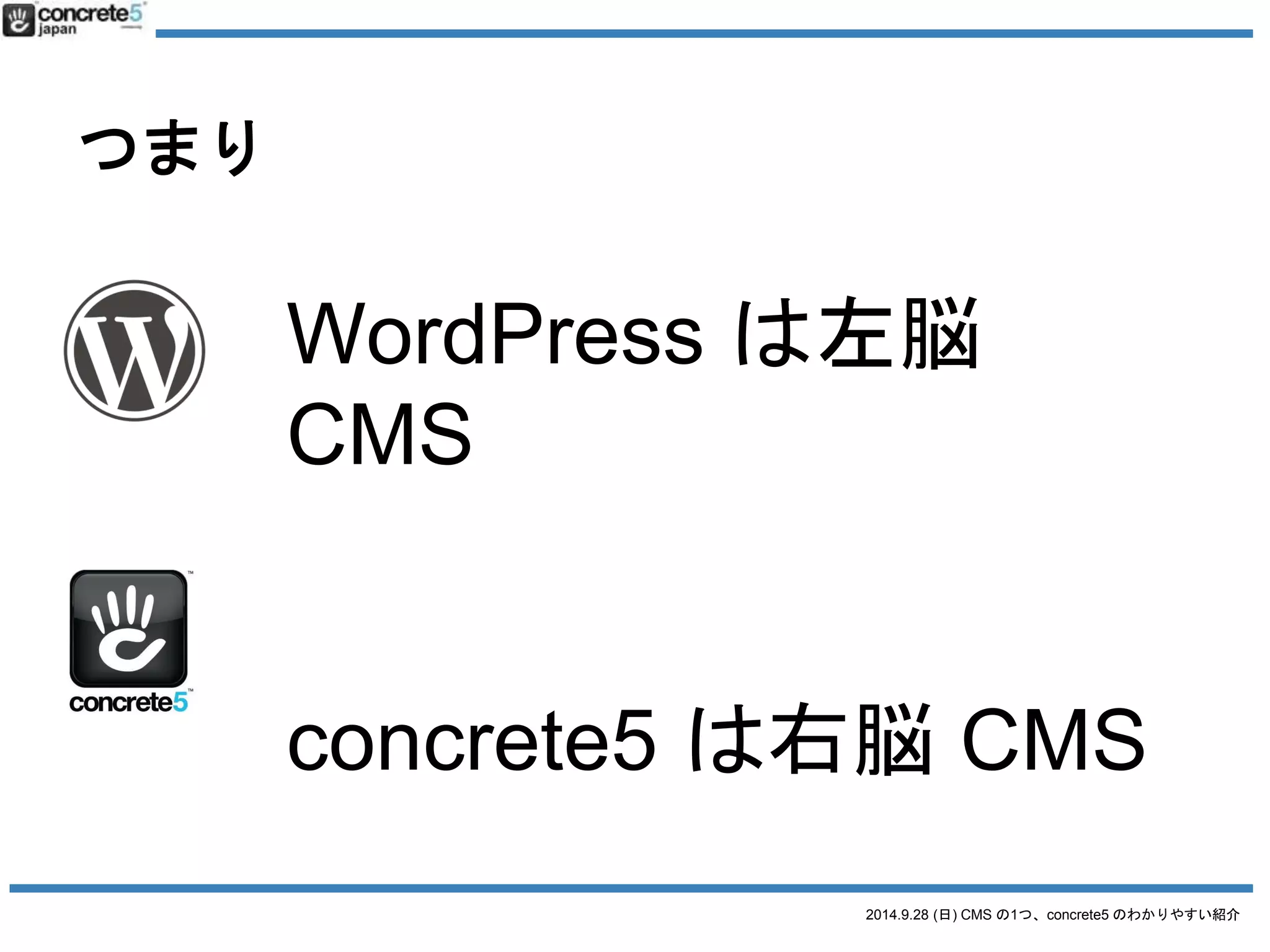 concrete5 制作ワークフロー 
1. サイトマップ考える 
2. テーマ作成or 購入and/or カスタマイズ 
3. ページタイプ作る 
2014.9.28 (日) CMS の1つ、concrete5 のわかりやすい紹介 
a. ページ属性作成 
4. ページタイプのデフォルトブロックを配置 
a. コンポーサーの設定 
5. ページを作成 
6. ブロックを配置 
a. カスタムテンプレート等を作成 
 