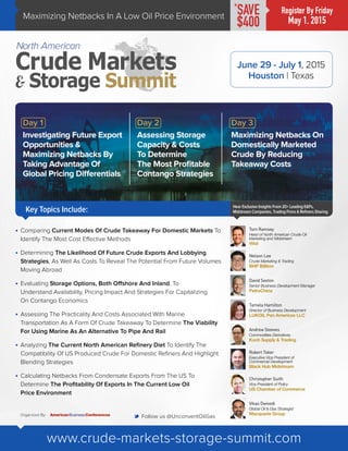 Maximizing Netbacks In A Low Oil Price Environment
Day 1
Investigating Future Export
Opportunities &
Maximizing Netbacks By
Taking Advantage Of
Global Pricing Differentials
Day 2
Assessing Storage
Capacity & Costs
To Determine
The Most Profitable
Contango Strategies
Day 3
Maximizing Netbacks On
Domestically Marketed
Crude By Reducing
Takeaway Costs
Key Topics Include:
June 29 - July 1, 2015
Houston | Texas
Hear Exclusive Insights From 20+ Leading E&Ps,
Midstream Companies, Trading Firms & Refiners Sharing
M Follow us @UnconventOilGas
www.crude-markets-storage-summit.com
Register By Friday
May 1, 2015
*
SAVE
$400
•	 Comparing Current Modes Of Crude Takeaway For Domestic Markets To
Identify The Most Cost Effective Methods
•	 Determining The Likelihood Of Future Crude Exports And Lobbying
Strategies, As Well As Costs To Reveal The Potential From Future Volumes
Moving Abroad
•	 Evaluating Storage Options, Both Offshore And Inland, To
Understand Availability, Pricing Impact And Strategies For Capitalizing
On Contango Economics
•	 Assessing The Practicality And Costs Associated With Marine
Transportation As A Form Of Crude Takeaway To Determine The Viability
For Using Marine As An Alternative To Pipe And Rail
•	 Analyzing The Current North American Refinery Diet To Identify The
Compatibility Of US Produced Crude For Domestic Refiners And Highlight
Blending Strategies
•	 Calculating Netbacks From Condensate Exports From The US To
Determine The Profitability Of Exports In The Current Low Oil
Price Environment
Tom Ramsey
Head of North American Crude Oil
Marketing and Midstream
Vitol
Nelson Lee
Crude Marketing & Trading
BHP Billiton
David Sexton
Senior Business Development Manager
PetroChina
Tamela Hamilton
Director of Business Development
LUKOIL Pan Americas LLC
Andrew Steeves
Commodities Derivatives
Koch Supply & Trading
Robert Toker
Executive Vice President of
Commercial Development
Black Hub Midstream
Christopher Guith
Vice President of Policy
US Chamber of Commerce
Vikas Dwivedi
Global Oil & Gas Strategist
Macquarie GroupOrganized By:
 