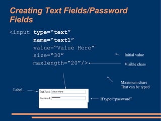 Creating Text Fields/Password
Fields
<input type=“text”
       name=“text1”
       value=“Value Here”
       size=“30”                         Initial value

       maxlength=“20”/>                  Visible chars



                                       Maximum chars
                                       That can be typed
 Label

                            If type=“password”
 